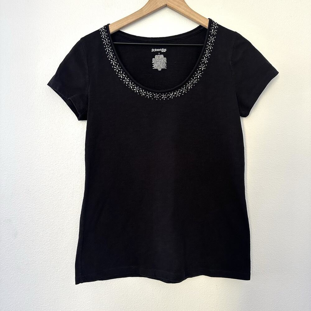 100% Cotton Beaded T-Shirt Sz S St. John’s Bay Black Embellished Coastal Fairy